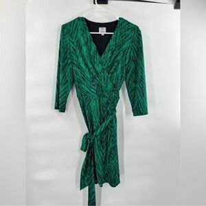 Oleg Cassini Green Dress Faux Wrap Belted Dress Size 10 Snakeskin